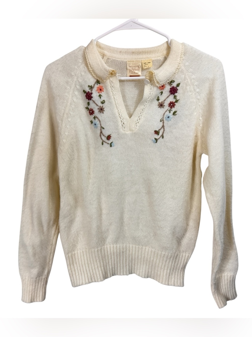 Vintage 70s Montgomery Ward Size L Floral Embroidered Collared Sweater Preppy
